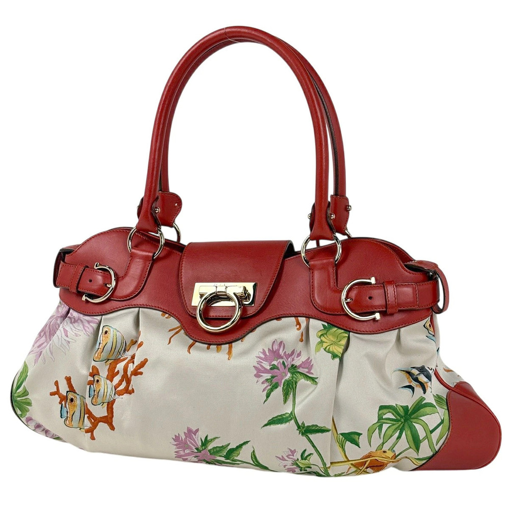 Salvatore Ferragamo Gancini Shoulder Bag Fish Flower Canvas Red White